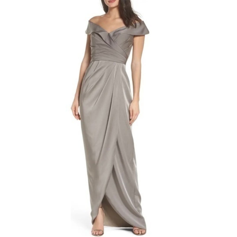 La Femme Pewter Gray Surplice Off the Shoulder Column Gown Maxi Dress